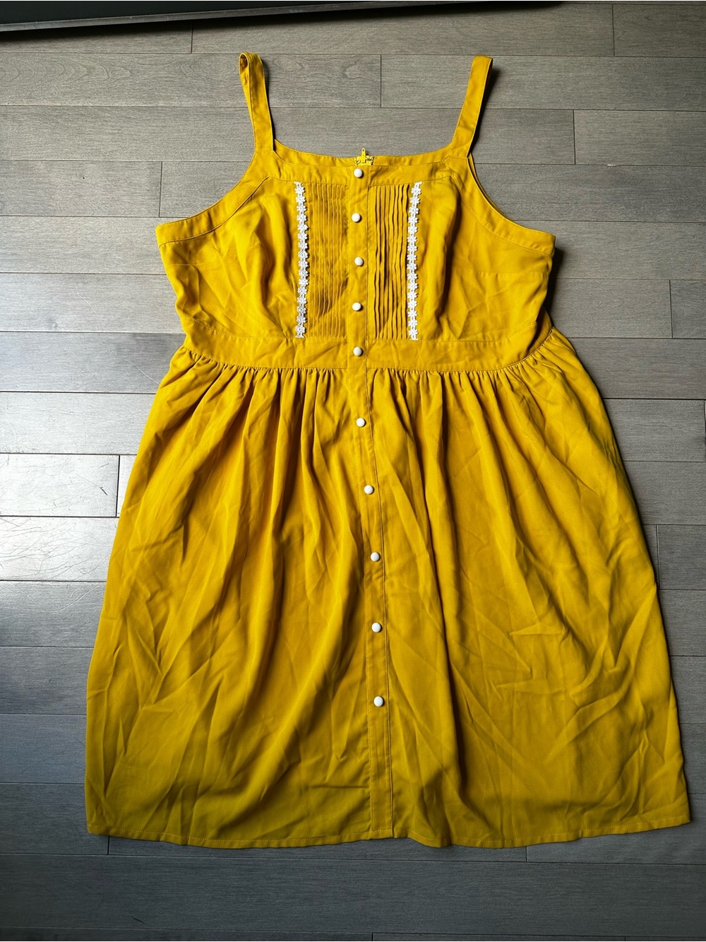 Women’s Modcloth Mustard Gold Yellow A Line Summer Dress Pleated Crochet 2X
